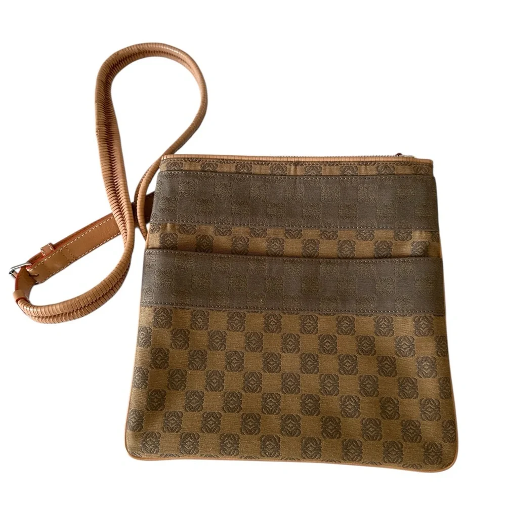 Authentic Loewe Brown & Tan LOGO Patterned Crossbody Bag